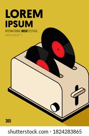 Music poster design template background with gramophone record player and toaster. Design element template can be used for backdrop, banner, brochure, leaflet, print, publication, vector illustration