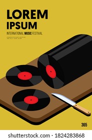 Music poster design template background with isometric gramophone record player. Design element template can be used for backdrop, banner, brochure, leaflet, print, publication, vector illustration