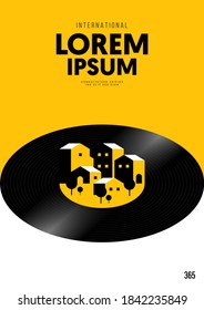 Music poster design template background with vintage vinyl record and cityscape. Design element template can be used for backdrop, banner, brochure, leaflet, print, EPS10 vector illustration