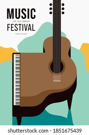 Music poster design template background decorative with piano and guitar. Design element template can be used for backdrop, banner, brochure, print, publication, vector illustration