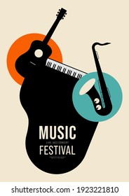 Music poster design template background decorative with guitar, piano, and saxophone. Design element template can be used for backdrop, banner, brochure, print, publication, vector illustration