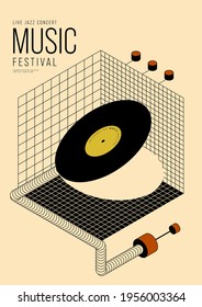 Music Poster Design Template Background With Vinyl Record And Isometric Grid Line. Design Element Template Can Be Used For Backdrop, Banner, Brochure, Leaflet, Print, Publication, Vector Illustration