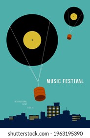 Music poster design template background with vinyl record and  parachute. Design element template can be used for backdrop, banner, brochure, leaflet, print, publication, vector illustration