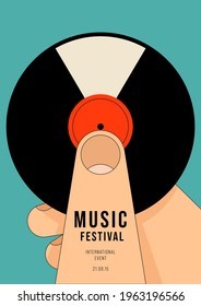 Music poster design template background with human hand and vinyl record. Design element template can be used for backdrop, banner, brochure, leaflet, print, publication, vector illustration