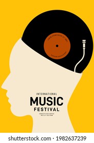 Music Poster Design Template Background With Human Head And Vinyl Record. Design Element Template Can Be Used For Backdrop, Banner, Brochure, Leaflet, Print, Publication, Vector Illustration