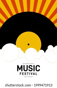 Music poster design template background with vinyl record and sunburst. Design element template can be used for backdrop, banner, brochure, leaflet, print, publication, vector illustration