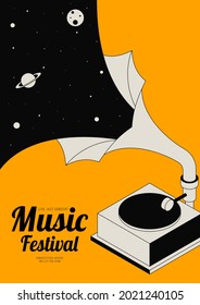 Music poster design template background decorative with gramophone record and galaxy. Design element template can be used for backdrop, banner, brochure, print, publication, vector illustration