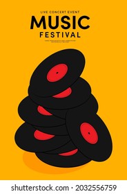 Music poster design template background decorative with a pile of vinyl records. Design element template can be used for backdrop, banner, brochure, print, publication, vector illustration