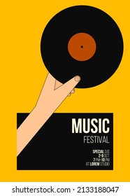 Music poster design template background with vinyl record vintage retro style. Design template can be used for backdrop, banner, brochure, leaflet, flyer, print, publication, vector illustration