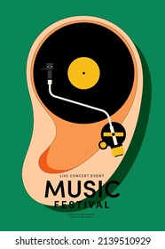 Music poster design template background with vinyl record vintage retro style. Design template can be used for backdrop, banner, brochure, leaflet, flyer, print, publication, vector illustration