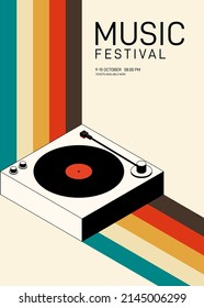 Music poster design template background with vinyl record vintage retro style. Design template can be used for backdrop, banner, brochure, leaflet, flyer, print, publication, vector illustration