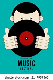 Music poster design template background with vinyl record vintage retro style. Design template can be used for backdrop, banner, brochure, leaflet, flyer, print, publication, vector illustration