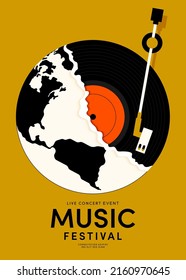 Music poster design template background with vinyl record vintage retro style. Design template can be used for backdrop, banner, brochure, leaflet, flyer, print, publication, vector illustration