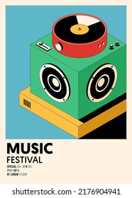 Music poster design template background with vinyl record vintage retro style. Design template can be used for backdrop, banner, brochure, leaflet, flyer, print, publication, vector illustration