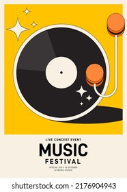 Music poster design template background with vinyl record vintage retro style. Design template can be used for backdrop, banner, brochure, leaflet, flyer, print, publication, vector illustration