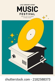 Fondo de la plantilla de diseño de afiches musicales con estilo retro vintage de vinilo. La plantilla de diseño puede utilizarse para el fondo, el banner, el folleto, el volante, la impresión, la publicación, la ilustración vectorial