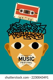 Music poster design template background with vintage tape cassette. Design template can be used for backdrop, banner, brochure, leaflet, flyer, print, publication, vector illustration