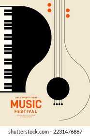 Music poster design template background with piano and guitar. Design template can be used for backdrop, banner, brochure, leaflet, flyer, print, publication, vector illustration