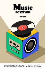 Music poster design template background with vinyl record vintage retro style. Design template can be used for backdrop, banner, brochure, leaflet, flyer, print, publication, vector illustration