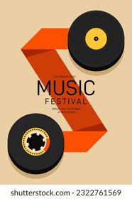 Music poster design template background with vinyl record vintage retro style. Design template can be used for backdrop, banner, brochure, leaflet, flyer, print, publication, vector illustration