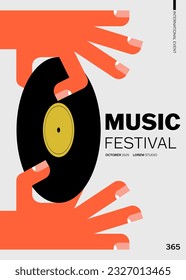 Music poster design template background with vinyl record vintage retro style. Design template can be used for backdrop, banner, brochure, leaflet, flyer, print, publication, vector illustration