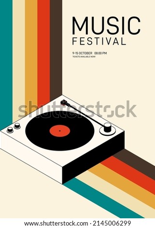 Music poster design template background with vinyl record vintage retro style. Design template can be used for backdrop, banner, brochure, leaflet, flyer, print, publication, vector illustration