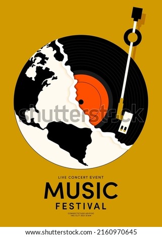 Music poster design template background with vinyl record vintage retro style. Design template can be used for backdrop, banner, brochure, leaflet, flyer, print, publication, vector illustration