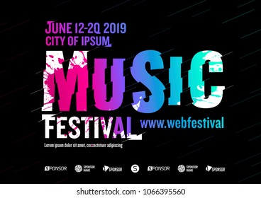 music poster design template. Creative and dynamic typography. Background multicolored artistic spots. Black background. Design with trend colors. Vector