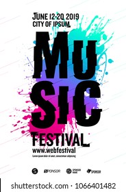 music poster design template. Creative and dynamic typography. Background multicolored artistic spots. White background. Design with trend colors. Vector