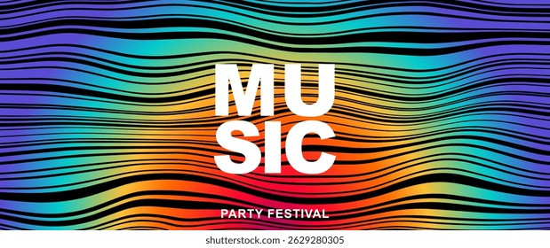 Music poster design vector background. Abstract cover template with gradient and black wave line. Ideal Electro Sound design for party, music festival, club, flyer, cards, social media, banner, ads.