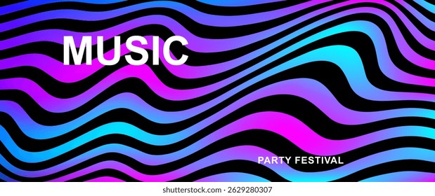 Music poster design vector background. Abstract cover template with gradient and black wave line. Ideal Electro Sound design for party, music festival, club, flyer, cards, social media, banner, ads.