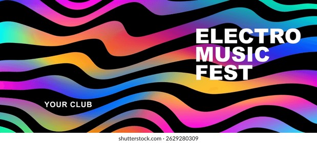 Music poster design vector background. Abstract cover template with gradient and black wave line. Ideal Electro Sound design for party, music festival, club, flyer, cards, social media, banner, ads.