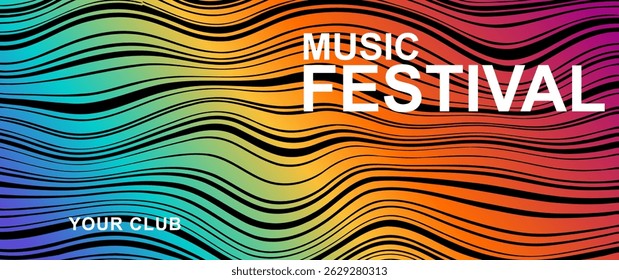 Music poster design vector background. Abstract cover template with gradient and black wave line. Ideal Electro Sound design for party, music festival, club, flyer, cards, social media, banner, ads.
