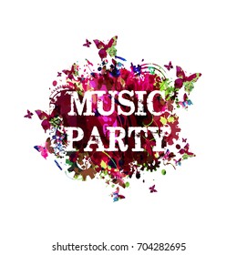 Music poster design vector illustration. Colorful music banner for music party with music notes and butterflies
