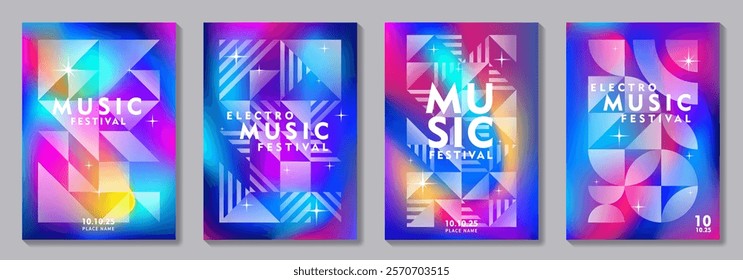 Music poster design vector set for electro sound cover template with colorful background. Trendy design for music festival, club, party, cards, flyer, social media.