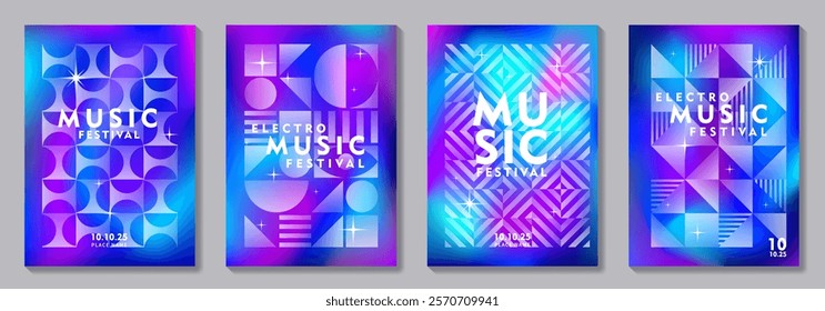 Music poster design vector set for electro sound cover template with colorful background. Trendy design for music festival, club, party, cards, flyer, social media.