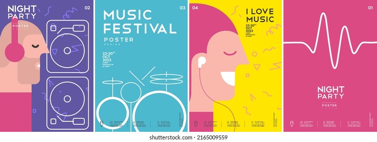 Music poster. DJ. Drums. The girl listens to music. Equalizer. A set of vector illustrations. Minimalistic design. Cover, print, banner, flyer.