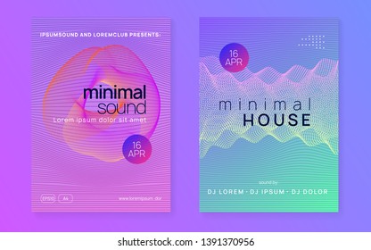 Music poster. Dynamic fluid shape and line. Geometric discotheque brochure set. Neon music poster. Electro dance dj. Electronic sound fest. Club event flyer. Techno trance party.