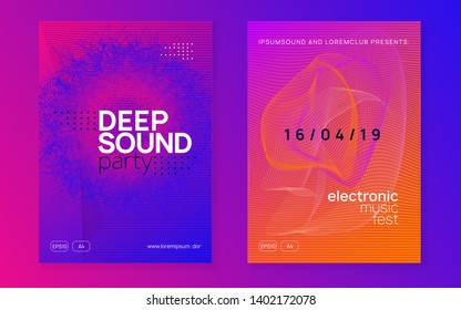 Music poster. Dynamic fluid shape and line. Modern show cover set. Neon music poster. Electro dance dj. Electronic sound fest. Club event flyer. Techno trance party.