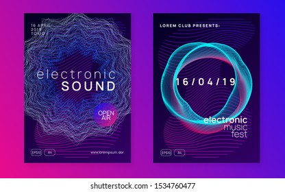 Music poster. Dynamic fluid shape and line. Energy concert cover set. Neon music poster. Electro dance dj. Electronic sound fest. Club event flyer. Techno trance party.