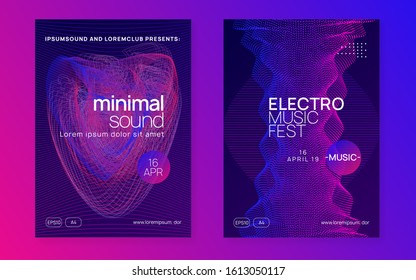 Music poster. Dynamic fluid shape and line. Bright show invitation set. Neon music poster. Electro dance dj. Electronic sound fest. Club event flyer. Techno trance party.