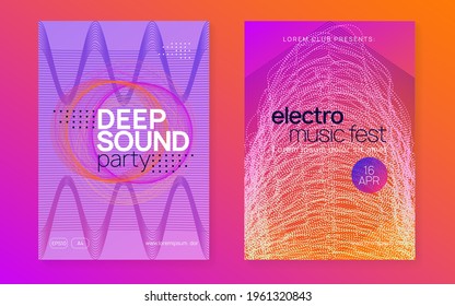 Music poster. Dynamic fluid shape and line. Futuristic discotheque brochure set. Neon music poster. Electro dance dj. Electronic sound fest. Club event flyer. Techno trance party.