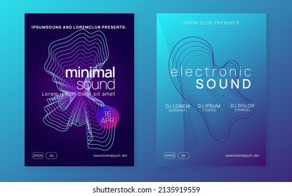 Music poster. Dynamic fluid shape and line. Digital discotheque magazine set. Neon music poster. Electro dance dj. Electronic sound fest. Club event flyer. Techno trance party.