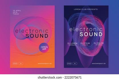 Music poster. Dynamic fluid shape and line. Bright discotheque brochure set. Neon music poster. Electro dance dj. Electronic sound fest. Club event flyer. Techno trance party.