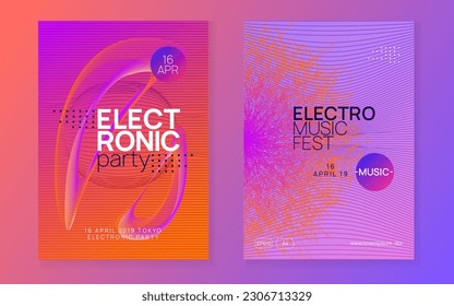 Music poster. Dynamic fluid shape and line. Futuristic concert banner set. Neon music poster. Electro dance dj. Electronic sound fest. Club event flyer. Techno trance party.