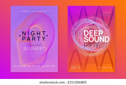 Music poster. Dynamic fluid shape and line. Energy show banner set. Neon music poster. Electro dance dj. Electronic sound fest. Club event flyer. Techno trance party.