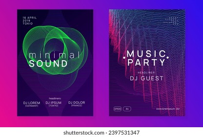 Music poster. Dynamic fluid shape and line. Minimal concert banner set. Neon music poster. Electro dance dj. Electronic sound fest. Club event flyer. Techno trance party.