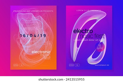 Music poster. Dynamic fluid shape and line. Cool concert invitation set. Neon music poster. Electro dance dj. Electronic sound fest. Club event flyer. Techno trance party.
