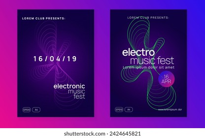 Music poster. Dynamic fluid shape and line. Energy concert banner set. Neon music poster. Electro dance dj. Electronic sound fest. Club event flyer. Techno trance party.
