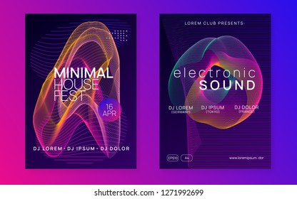 Music poster. Dynamic gradient shape and line. Cool discotheque invitation set. Neon music poster. Electro dance dj. Electronic sound fest. Club event flyer. Techno trance party.